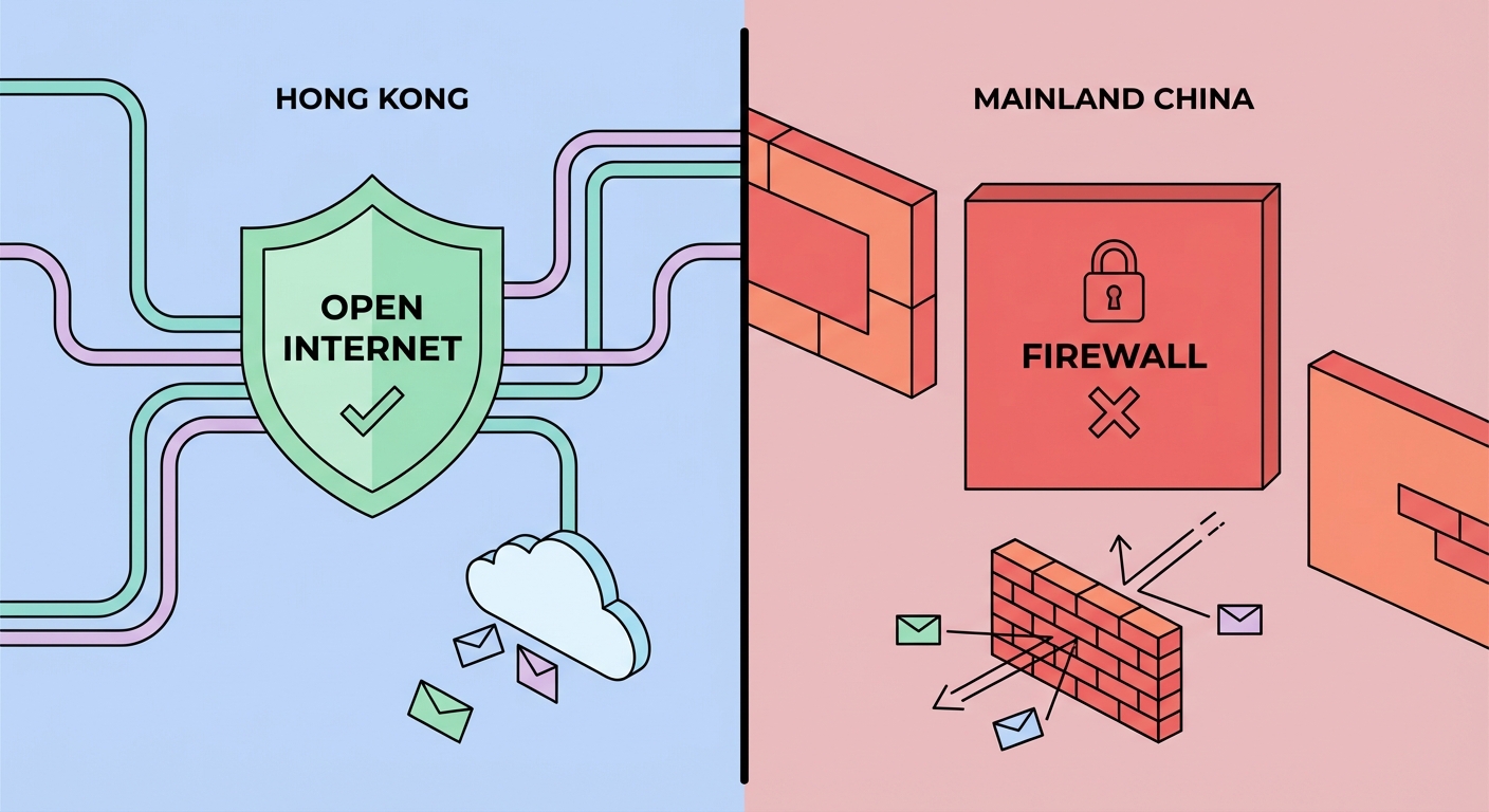 香港与中国大陆互联网访问环境示意图。香港过去长期维持开放互联网，但国安法实施后政治网站封锁逐渐增加。｜来源：Cybersecurity Campaign Hong Kong