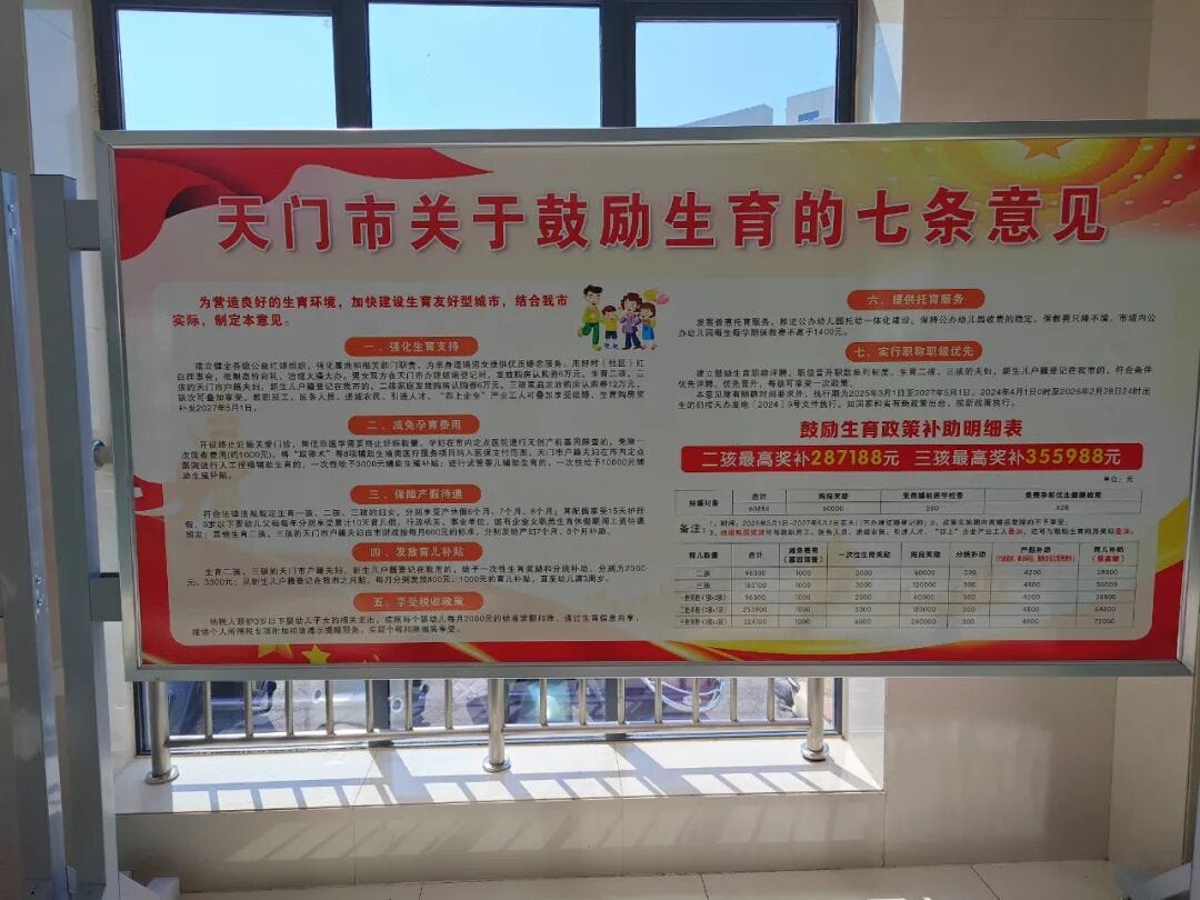 天门市此前公开的鼓励生育政策宣传栏，列出多项育儿补贴和支持措施｜来源：公开报道资料图