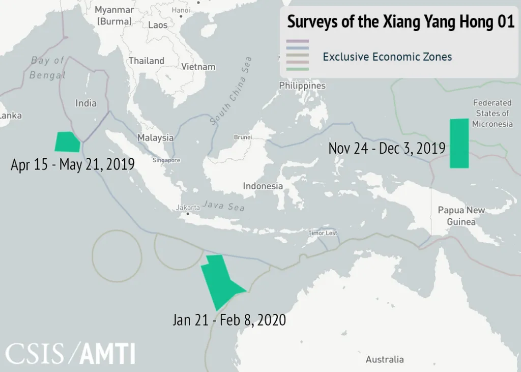 CSIS制作的向阳红01号2019—2020年调查区域历史地图，非本次报告专属统计图｜来源：CSIS / AMTI