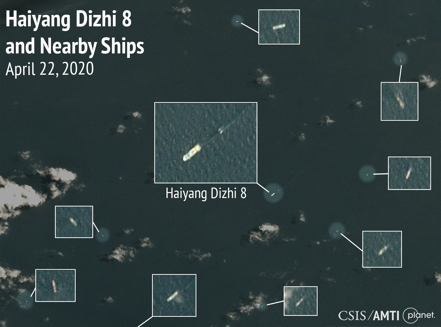 CSIS历史卫星定位图：2020年海洋地质八号与附近船舶，并非2026年图像｜来源：CSIS / AMTI