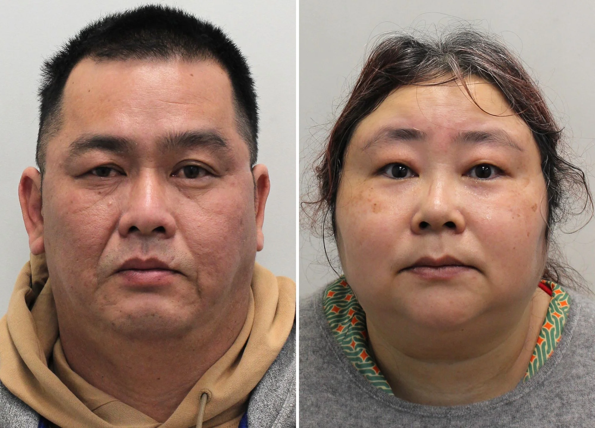 英国警方公布的涉案人历史资料拼图，右侧为钱志敏，左侧为另一涉案者。来源：英国《独立报》，非2026年10月庭审现场｜来源：The Independent／英国警方