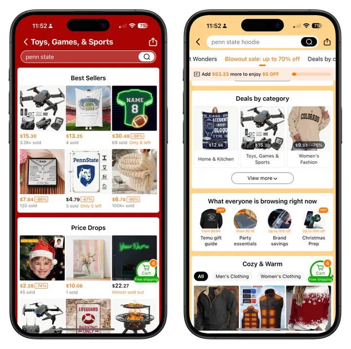 Temu应用商品和折扣界面资料图。来源：Digital Trends