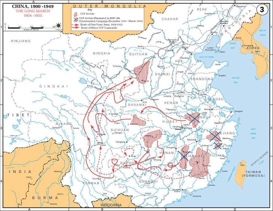 美国陆军制作的中央红军1934至1935年长征路线示意图，清楚显示曲折和折返，但不直接证明任何一支部队的累计里数。美国陆军 / Wikimedia Commons，公有领域｜来源：U.S. Army / Wikimedia Commons