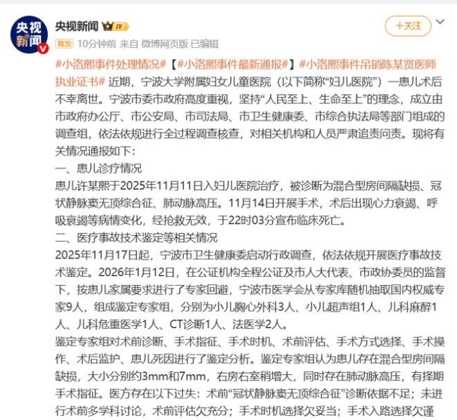 2026年2月央视新闻公布的宁波小洛熙事件官方调查通报截图，非10月调查现场｜来源：央视新闻／中华网